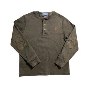 Polo Ralph Lauren Boys Sz 7‎ Black Henley Shirt Red Trim Long Sleeve Elbow Patch